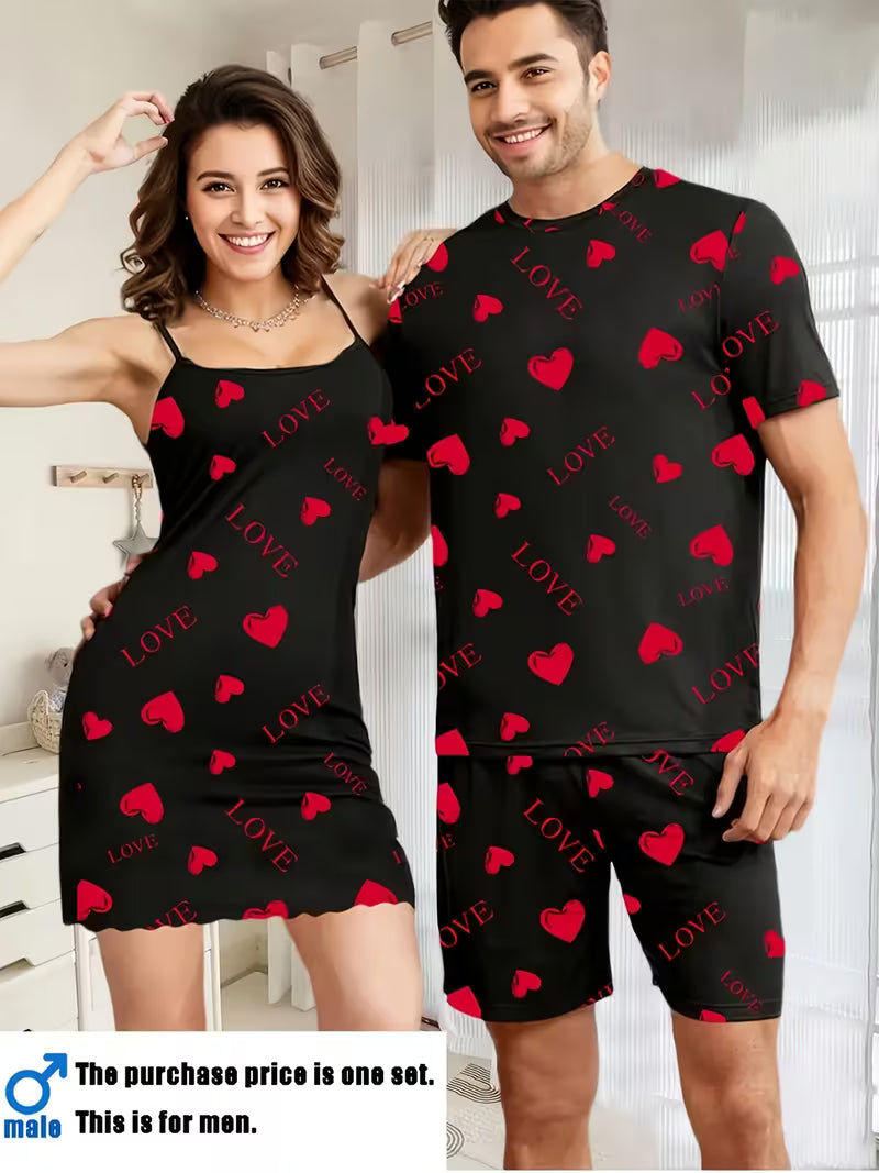 Couple'S Matching Love Letter Print Sleeveless Dress for Women Or Short-Sleeve Shorts Homewear Set for Men, Available in One Set for Either Gender.