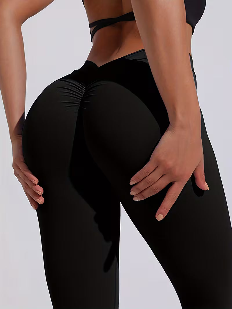 V-Shape Back & Butt-Lifting Leggings - Black, Stretchy Yoga Pants with Ruched Design for Fitness and Yoga,