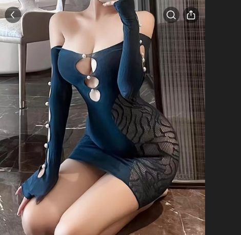 Pearl-Embellished Net Lingerie Dress – Long Sleeve, Openwork Design